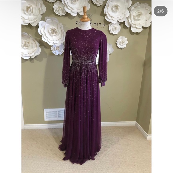 Plum Floor Length Rhinestone Beaded Evening Dress - Picture 2 of 6